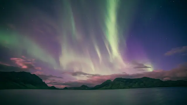 Green and purple aurora above a calm lake and mountains